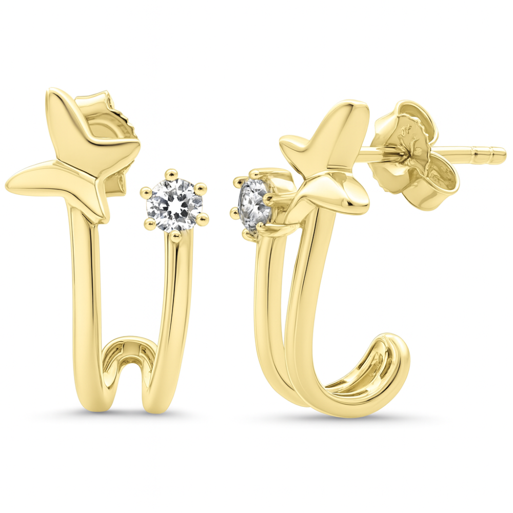 SPECIAL! .21ct G SI 14kt Yellow Gold Diamond Double Hoop Butterfly J Hoop Earrings
