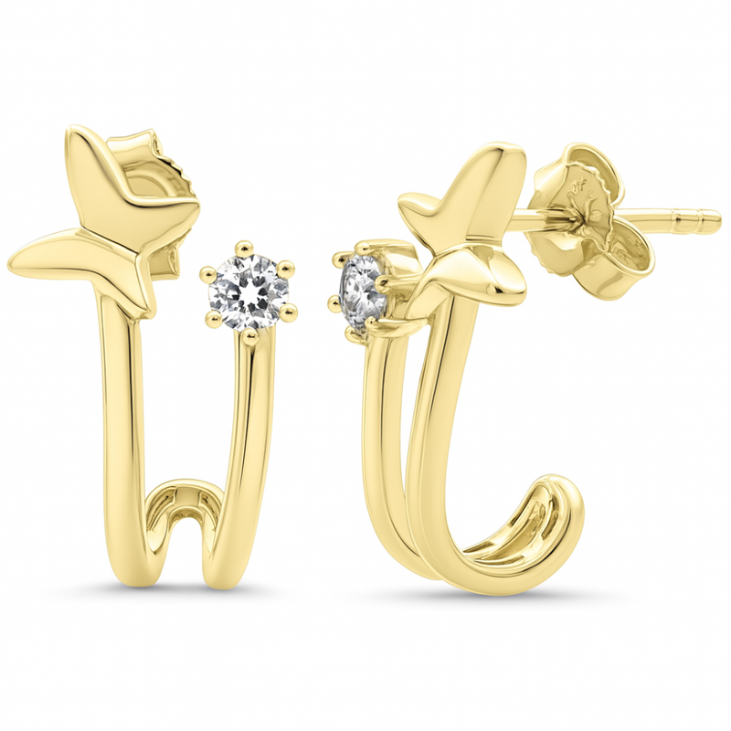 SPECIAL! .21ct G SI 14kt Yellow Gold Diamond Double Hoop Butterfly J Hoop Earrings
