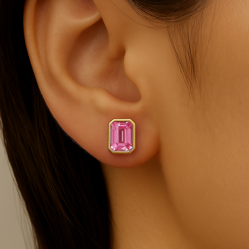 0.66ct 14kt Yellow Gold Pink Sapphire Gemstone Bezel Set Stud Earrings