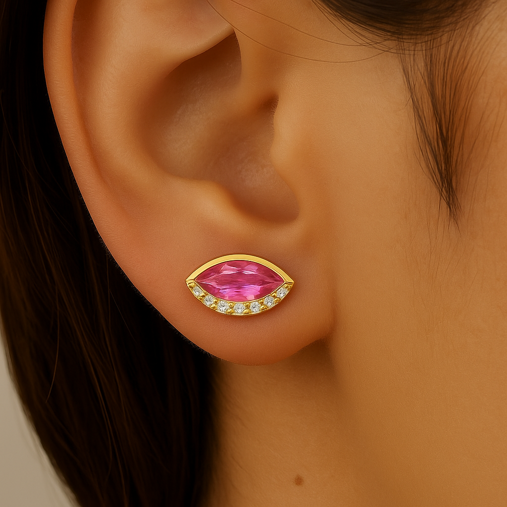 SPECIAL! 1.17ct G SI 14KT Yellow Gold Diamond & Pink Sapphire Gemstone Evil Eye Earrings