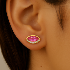 SPECIAL! 1.17ct G SI 14KT Yellow Gold Diamond & Pink Sapphire Gemstone Evil Eye Earrings