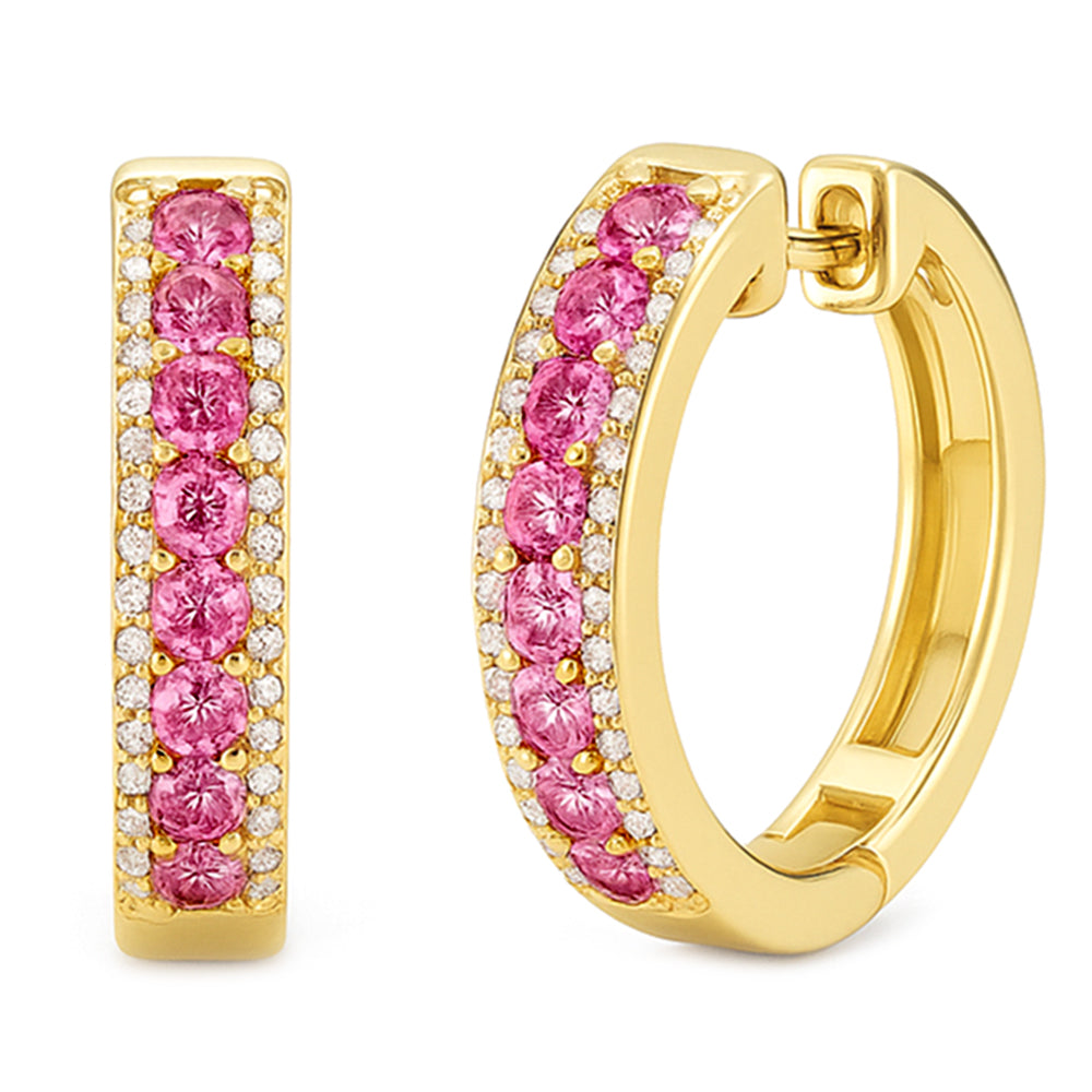 SPECIAL! .59ct G SI 14KT Yellow Gold Round Diamond & Pink Sapphire Gemstone Hoop Earrings
