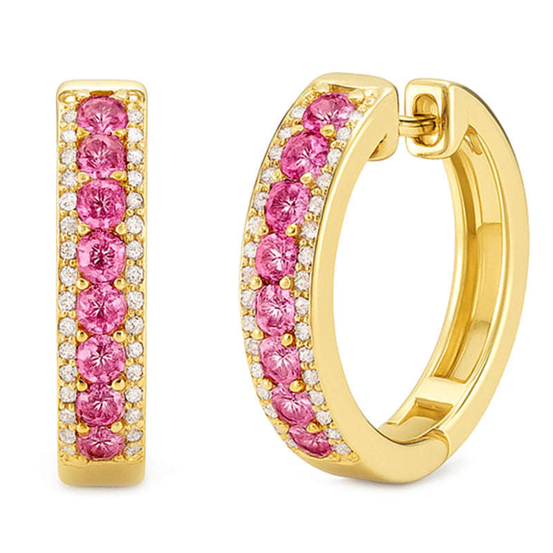 SPECIAL! .59ct G SI 14KT Yellow Gold Round Diamond & Pink Sapphire Gemstone Hoop Earrings