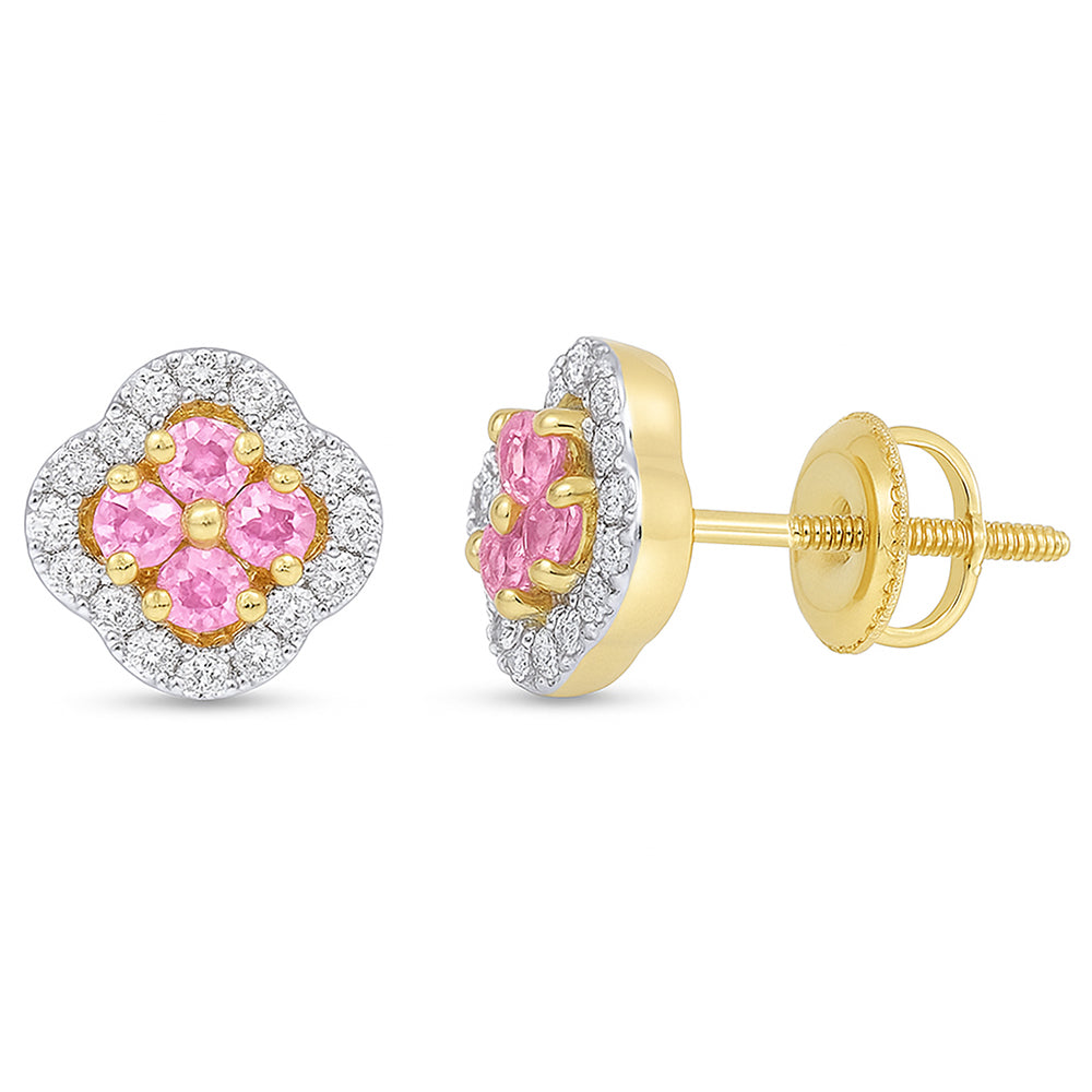 SPECIAL! .79ct G SI 14kt Yellow Gold Diamond & Pink Sapphire Clover Gemstone Earrings