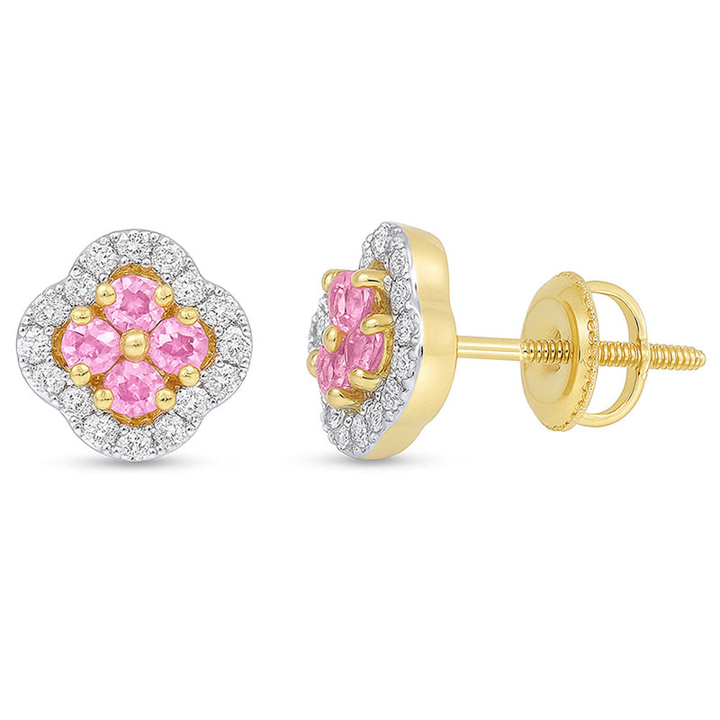 SPECIAL! .79ct G SI 14kt Yellow Gold Diamond & Pink Sapphire Clover Gemstone Earrings