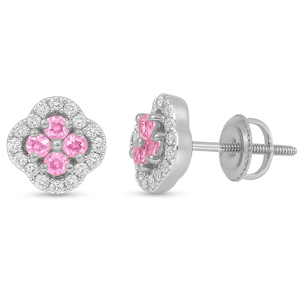 SPECIAL! .89ct G SI 14kt White Gold Diamond & Pink Sapphire Clover Gemstone Earrings