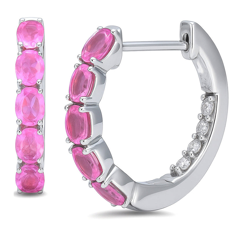 SPECIAL! 1.60ct G SI 14kt White Gold Oval Pink Sapphire Gemstone & Diamond Hoop Earrings