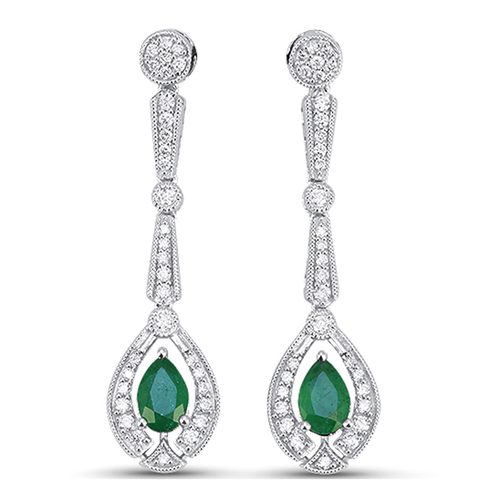 SPECIAL! 1.18ct G SI 14kt White Gold Diamond & Emerald Gemstone Teardrop Earrings