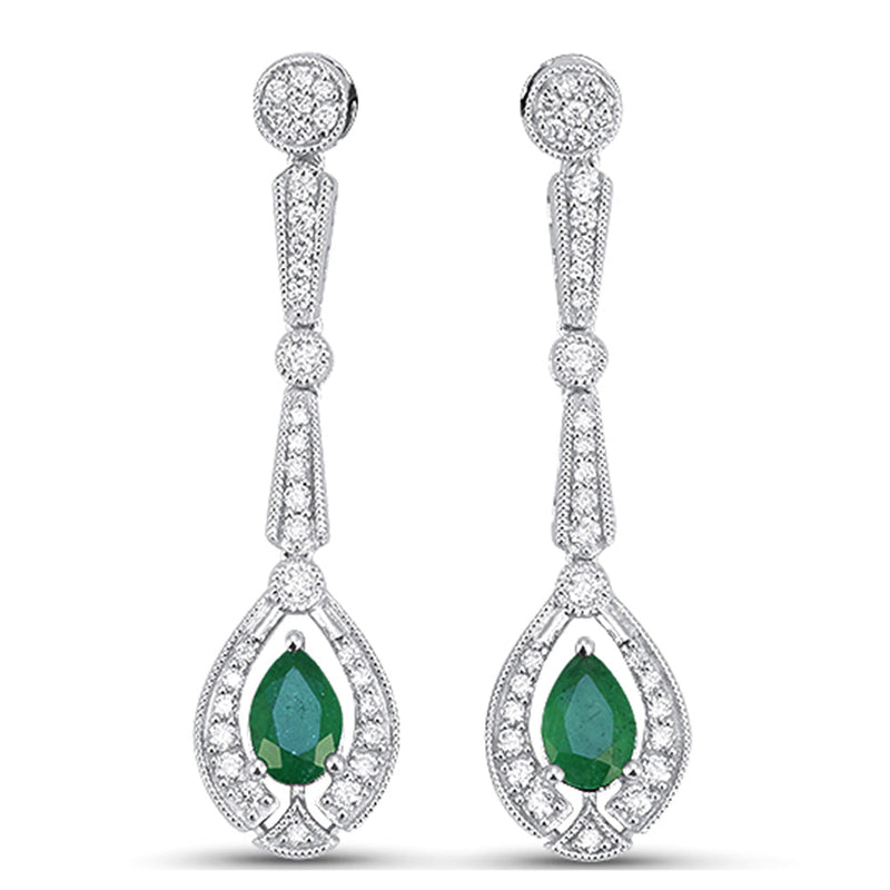 SPECIAL! 1.18ct G SI 14kt White Gold Diamond & Emerald Gemstone Teardrop Earrings