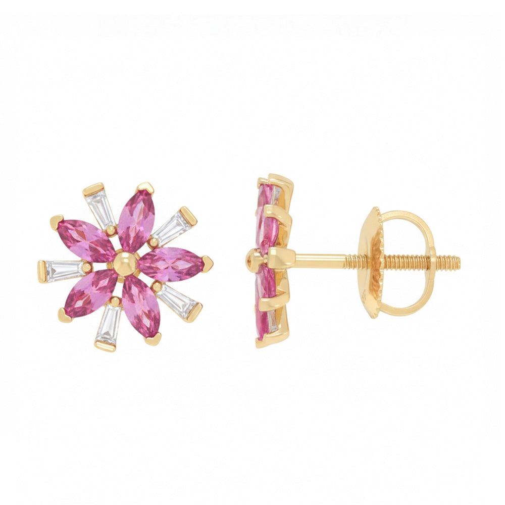 SPECIAL! 1.01ct G SI 14kt Yellow Gold Diamond & Pink Sapphire Snowflake Flower Gemstone Earrings