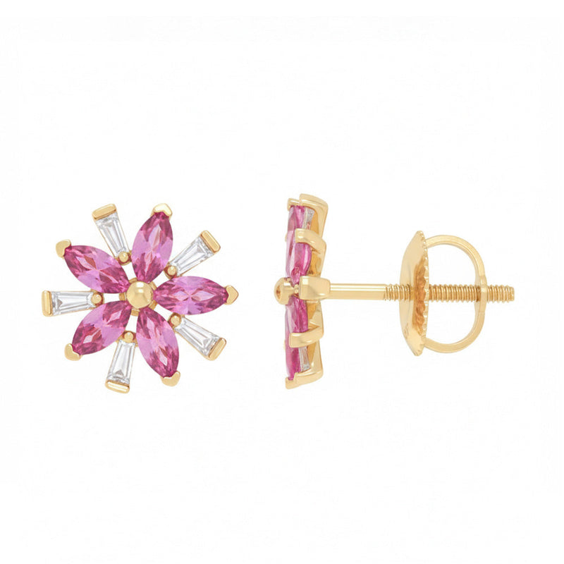 SPECIAL! 1.01ct G SI 14kt Yellow Gold Diamond & Pink Sapphire Snowflake Flower Gemstone Earrings