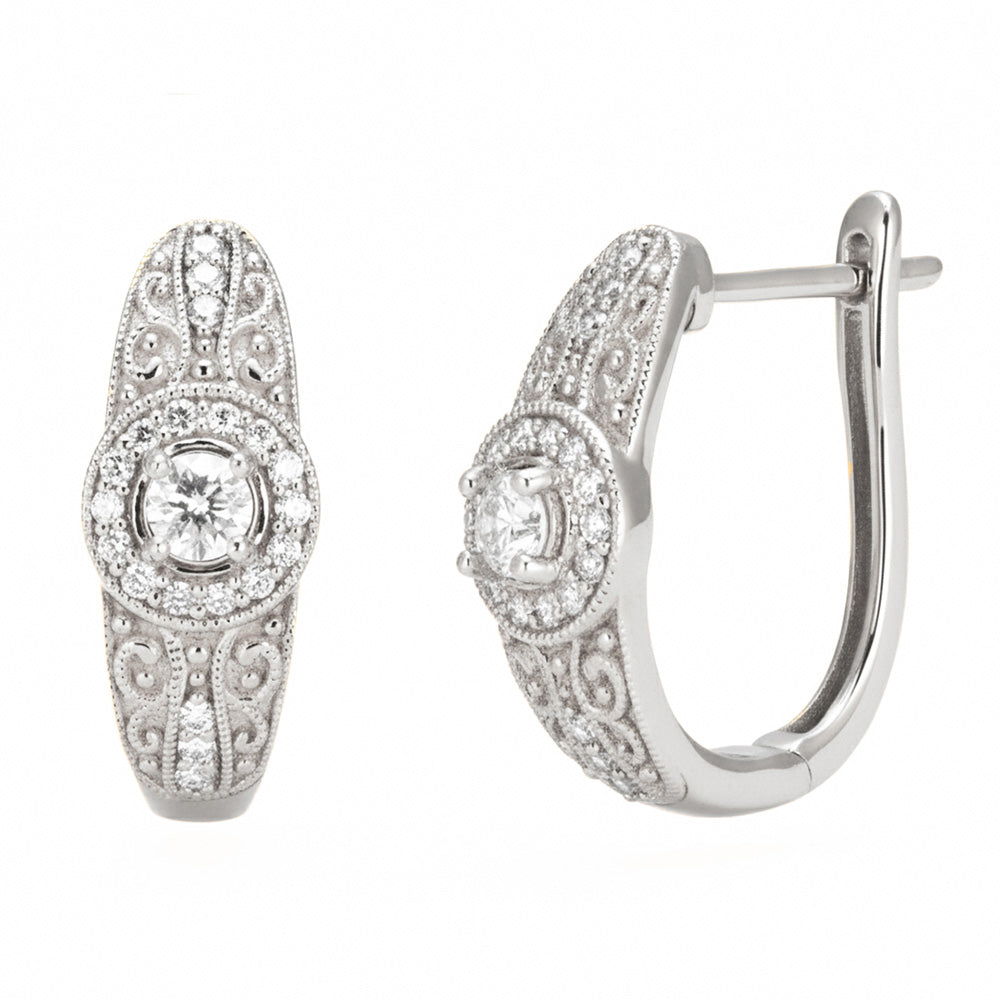 SPECIAL! .42ct G SI 14kt White Gold Diamond Filigreee Design J Hoop Earrings