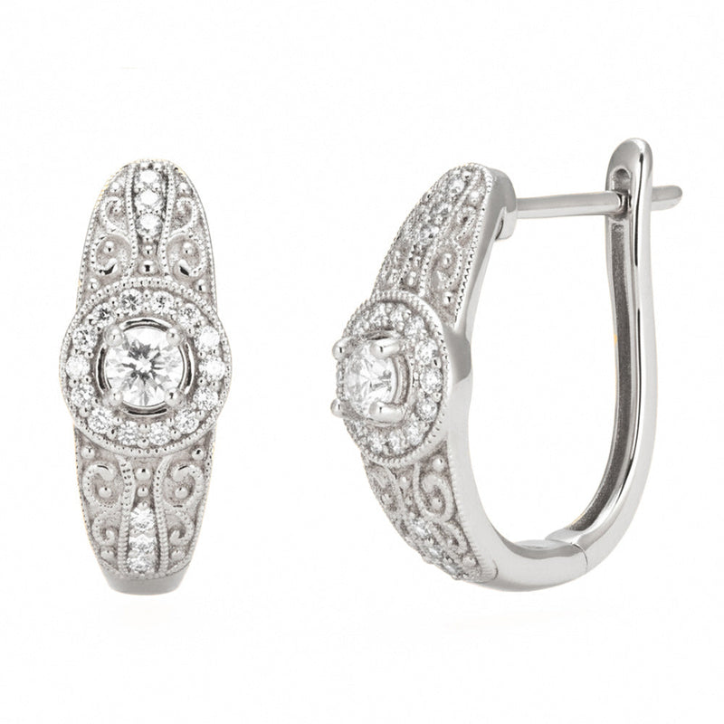 SPECIAL! .42ct G SI 14kt White Gold Diamond Filigreee Design J Hoop Earrings
