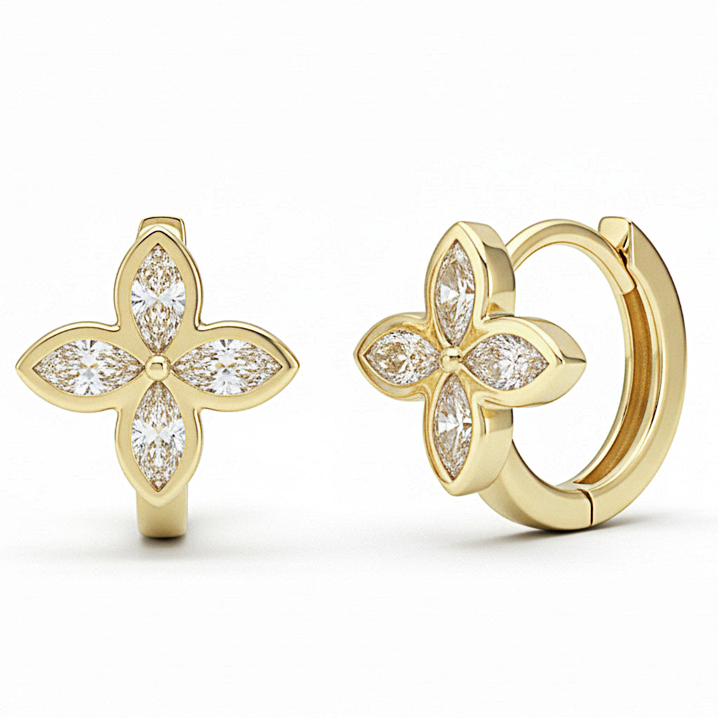 SPECIAL! .57ct G SI 14kt Yellow Gold Diamond Flower Shape Bezel Set Huggie Hoop Earrings