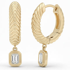 SPECIAL! .30ct G SI 14kt Yellow Gold Scalloped Hoop Huggie Emerald Cut Diamond Bezel Set Earrings