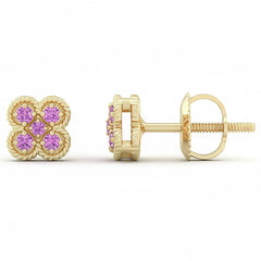.09ct G SI 14kt Yellow Gold Pink Sapphire Gemstone Flower Clover Earrings