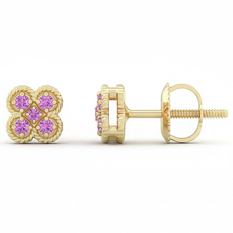 .09ct G SI 14kt Yellow Gold Pink Sapphire Gemstone Flower Clover Earrings