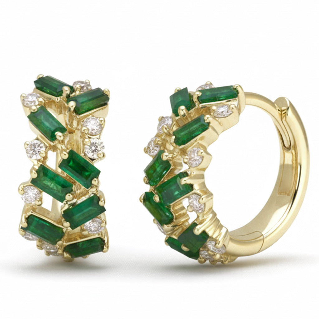SPECIAL! 1.08ct G SI 14kt Yellow Gold Diamond & Emerald Gemstone Hoop Earrings