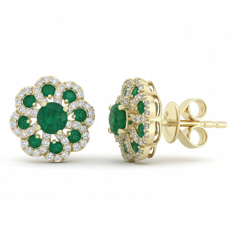 SPECIAL! 1.05ct G SI 14kt Yellow Gold Diamond & Emerald Gemstone Flower Earrings