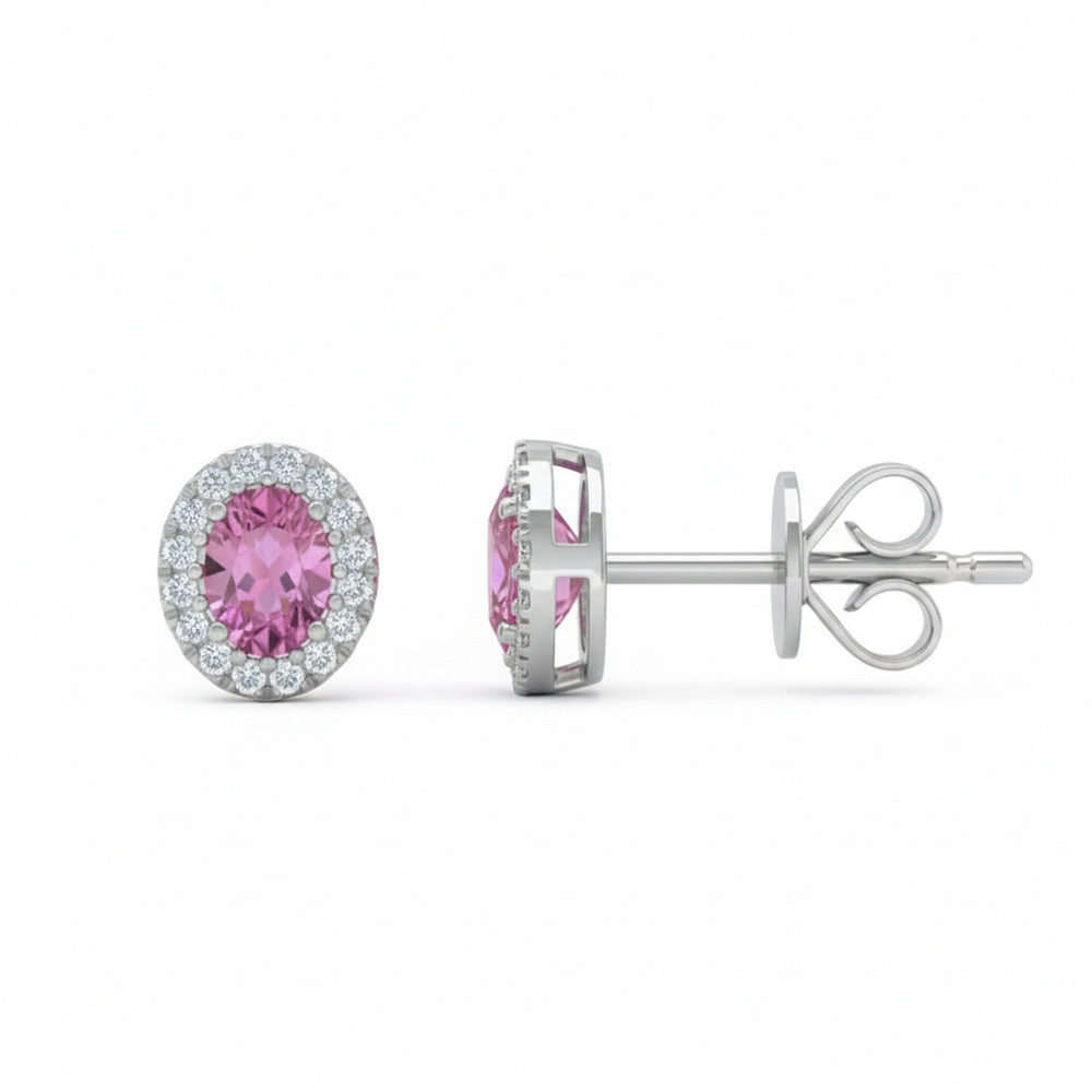 .48ct G SI 14kt White Gold Oval Diamond & Pink Sapphire Gemstone Stud Earrings