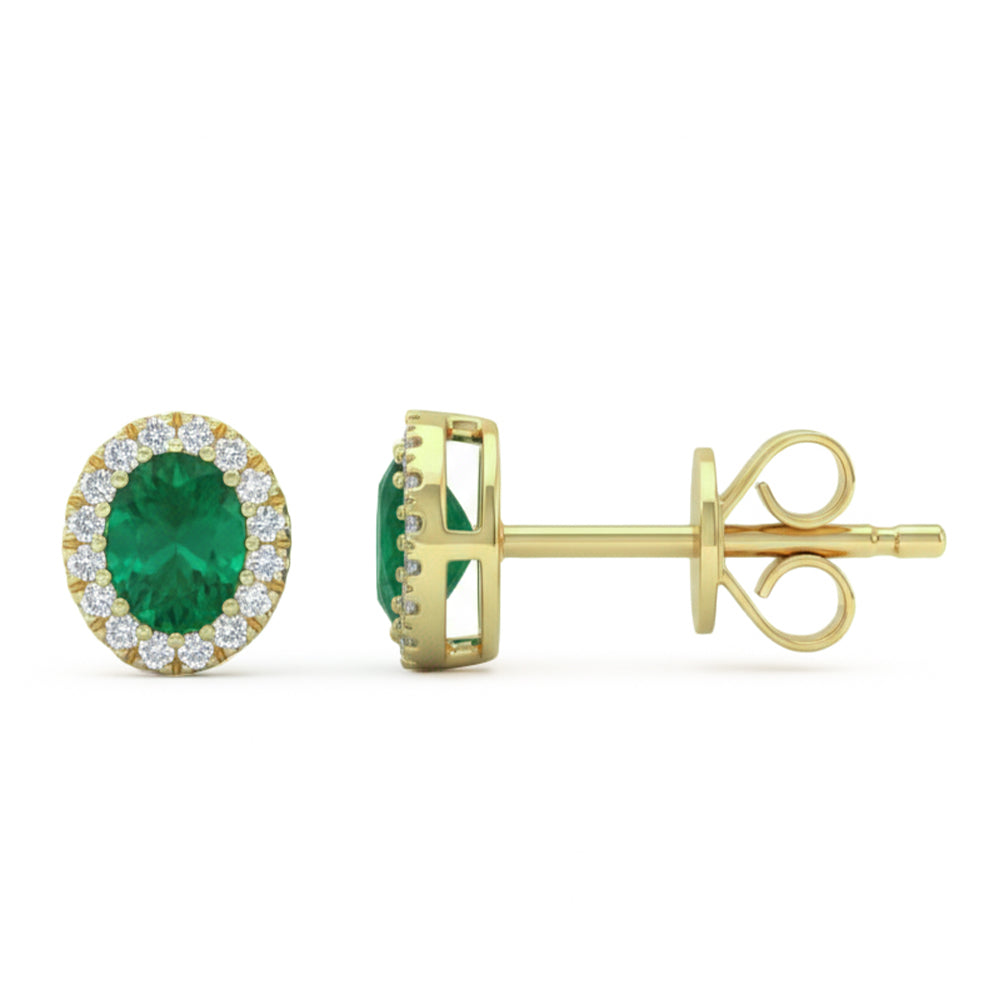 .42ct G SI 14kt Yellow Gold Diamond & Oval Emerald Gemstone Stud Earrings