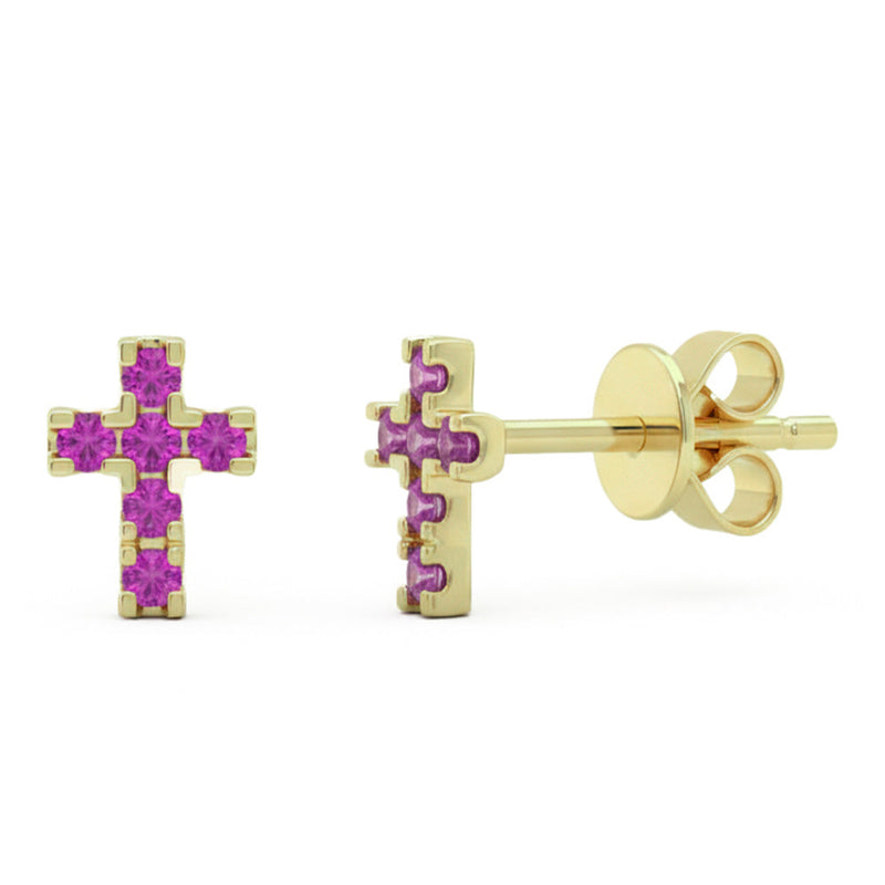 .21ct G SI 14kt Yellow Gold Pink Sapphire Gemstone Cross Stud Earrings
