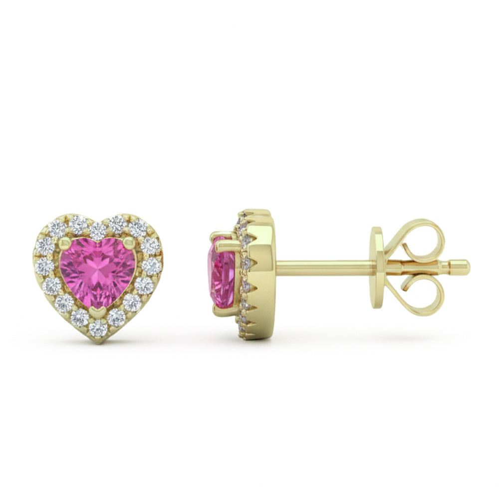 SPECIAL! .87ct G SI 14kt Yellow Gold Diamond & Pink Sapphire Gemstone Heart Shape Stud Earrings