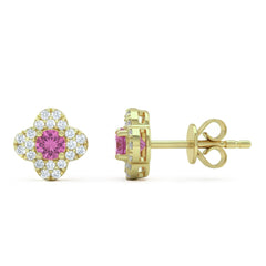 SPECIAL! .30ct G SI 14kt Yellow Gold Diamond & Pink Sapphire Gemstone Clover Stud Earrings
