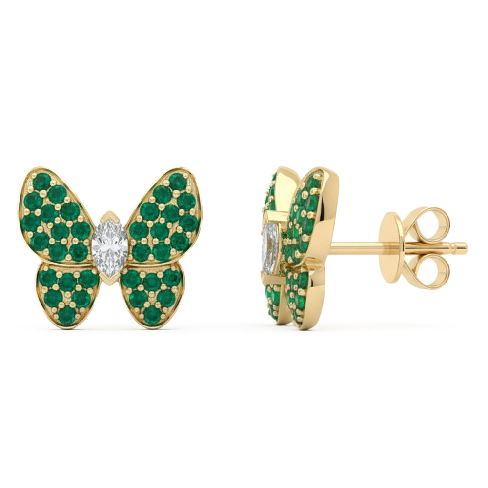 SPECIAL! 1.40ct G SI 14kt Yellow Gold Diamond & Emerald Gemstone Butterfly Stud Earrings