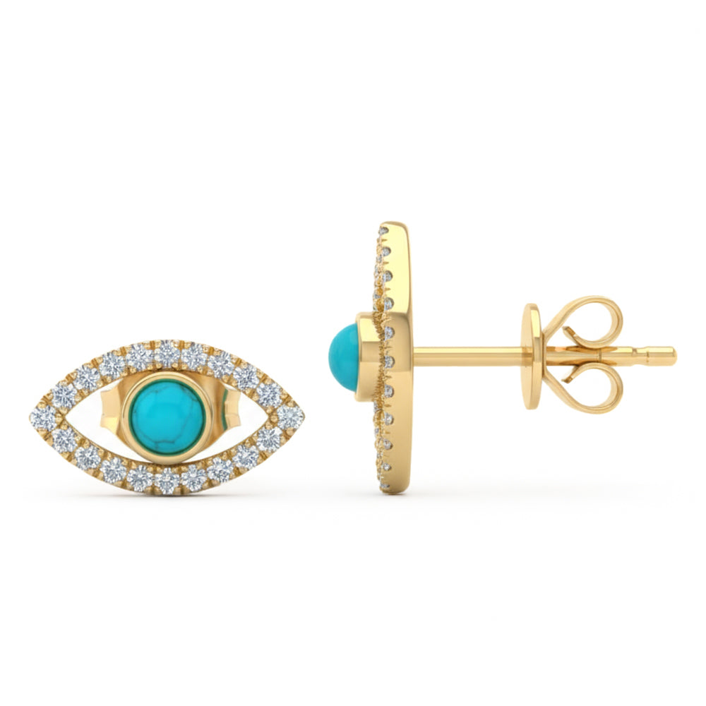SPECIAL! .44ct G SI 14kt Yellow Gold Diamond & Turquoise Gemstone Evil Eye Stud Earrings