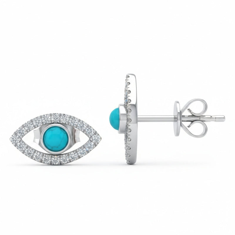 SPECIAL! .48ct G SI 14kt White Gold Diamond & Turquoise Gemstone Evil Eye Stud Earrings
