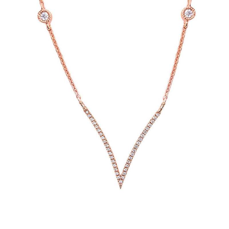 DIAMOND  CLOSEOUT! .11ct V Cut Modern Diamond Pendant 14kt Rose Gold 17" Diamond Bezel Chain