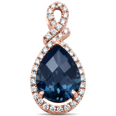 GEMSTONE CLOSEOUT!  4.60cts 14k Rose Gold Pear Shape Blue Topaz & Diamond Designer Pendant