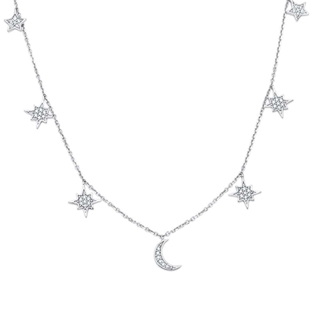 DIAMOND CLOSEOUT!  .18ct 14kt White Gold Crescent Moon & Stars Diamond Pendant Necklace 18"