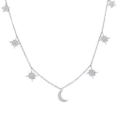 DIAMOND CLOSEOUT!  .18ct 14kt White Gold Crescent Moon & Stars Diamond Pendant Necklace 18"