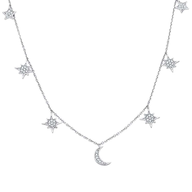 DIAMOND CLOSEOUT!  .18ct 14kt White Gold Crescent Moon & Stars Diamond Pendant Necklace 18"
