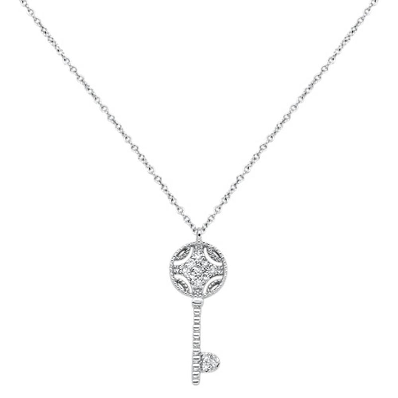 DIAMOND CLOSEOUT! .08cts 14kt White Gold Round Diamond Key Pendant Necklace 18" Long