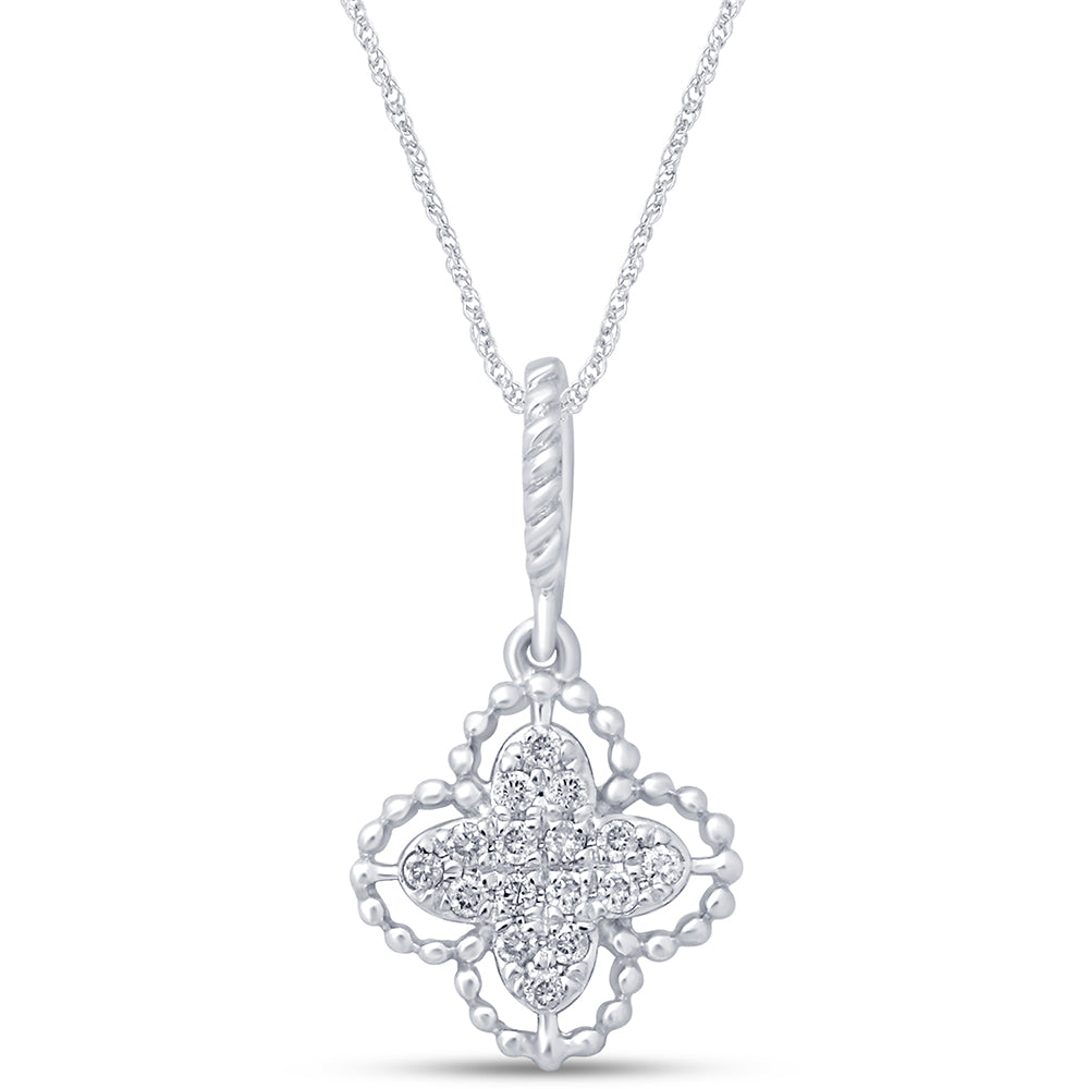 DIAMOND CLOSEOUT! .09cts 14kt White Gold Round Diamond Quatrefoil Pendant Necklace 18" Long