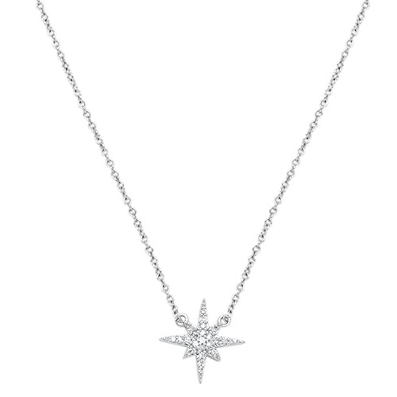 DIAMOND CLOSEOUT!  .10cts 14kt White Gold Round Diamond Starburst Pendant Necklace 16+2" Ext Long