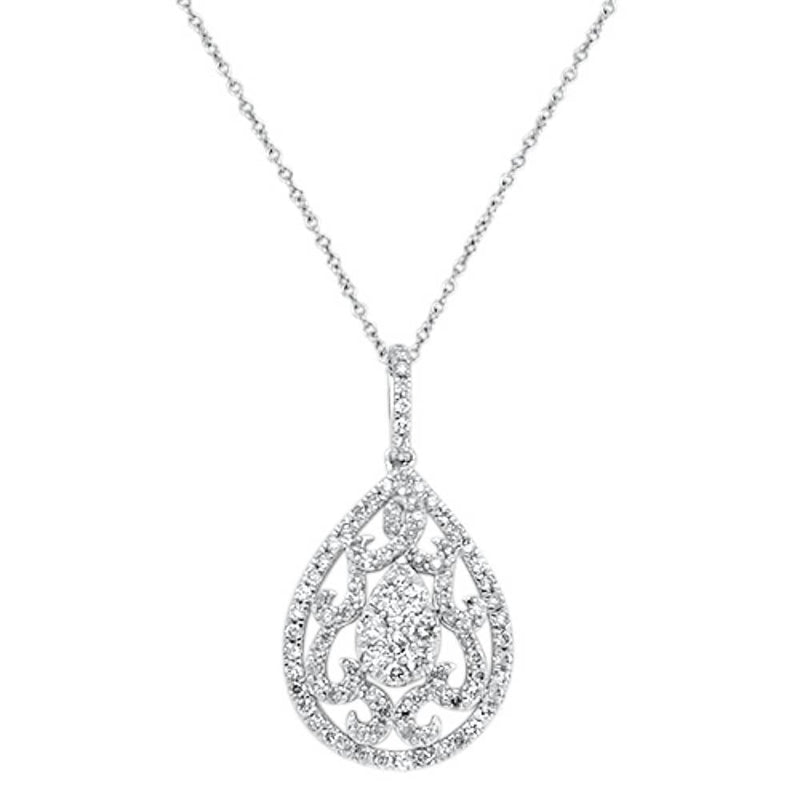 DIAMOND CLOSEOUT! .98cts 14kt White Gold Round Diamond Antique Filigree Pendant Necklace 18"