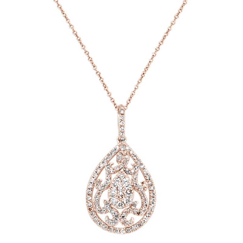 DIAMOND CLOSEOUT! 1.01ct 14k Rose Gold Pear Tear Drop Diamond Filigree Pendant Necklace 18"