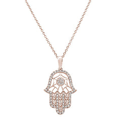 DIAMOND CLOSEOUT! .25ct 14k Rose Gold Diamond Hand of Hamsa Chai Pendant Necklace 18"Long