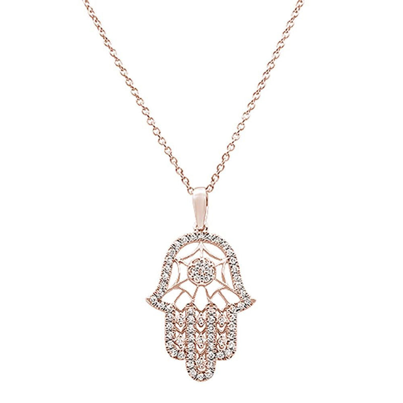 DIAMOND CLOSEOUT! .25ct 14k Rose Gold Diamond Hand of Hamsa Chai Pendant Necklace 18"Long