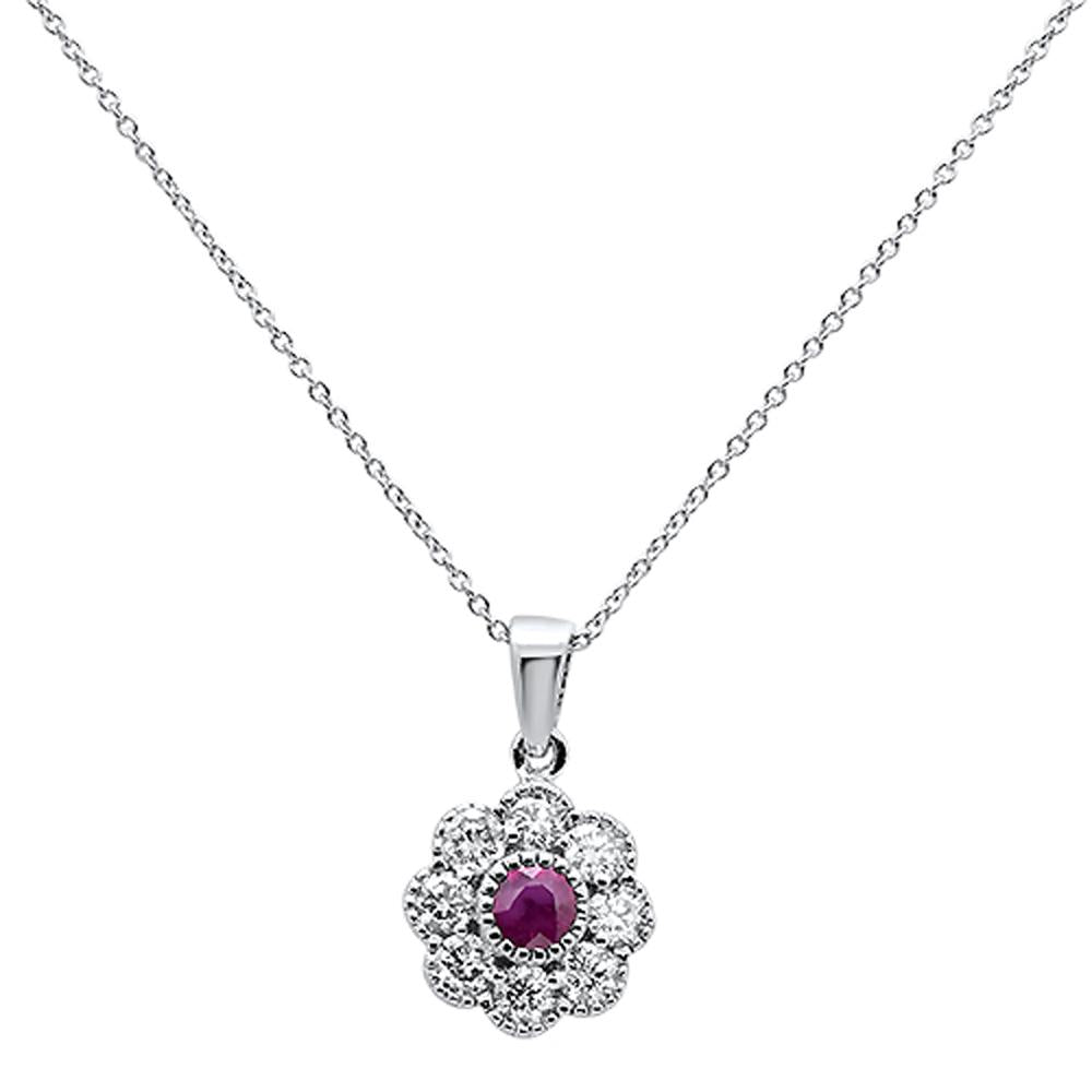 GEMSTONE CLOSEOUT!  1.06ct 10k White Gold Ruby & Diamond Flower Pendant Necklace 18"