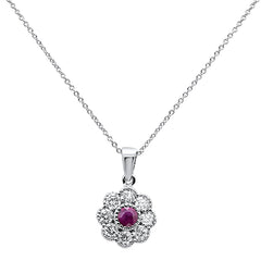 GEMSTONE CLOSEOUT!  1.06ct 10k White Gold Ruby & Diamond Flower Pendant Necklace 18"