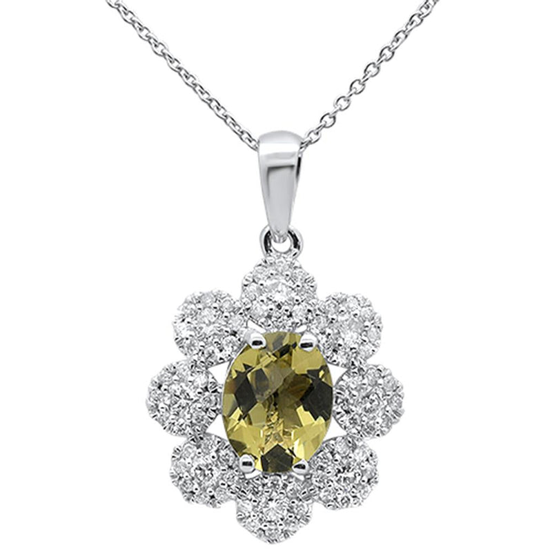 GEMSTONE CLOSEOUT!  2.34cts 10k White Gold Olive Quartz & Diamond Pendant Necklace 18" Long