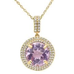 GEMSTONE CLOSEOUT!  3.25ct 10k Yellow Gold Round Pink Amethyst & Diamond Pendant Necklace 18"