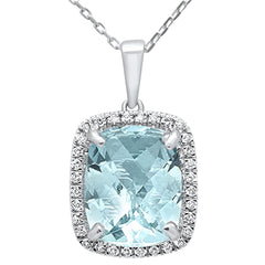 GEMSTONE CLOSEOUT!  4.38ct 10k White Gold Cushion Aquamarine & Diamond Pendant Necklace 18"