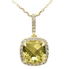 GEMSTONE CLOSEOUT ! 1.97ct 10k Yellow Gold Cushion Olive & Diamond Pendant Necklace 18"