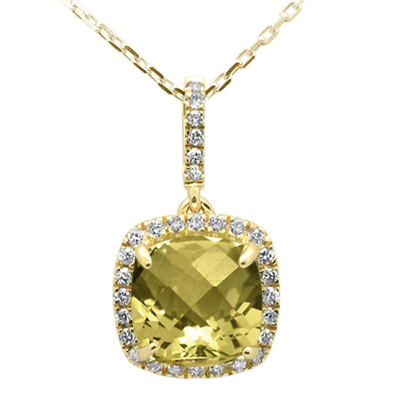 GEMSTONE CLOSEOUT ! 1.97ct 10k Yellow Gold Cushion Olive & Diamond Pendant Necklace 18"